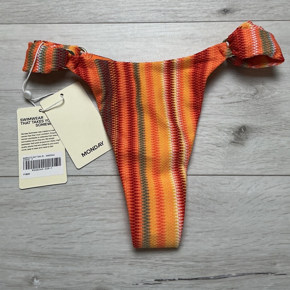 Monday Swimwear Orange Red Striped Tie-Side Bikini Bottom - Picture 5 of 6